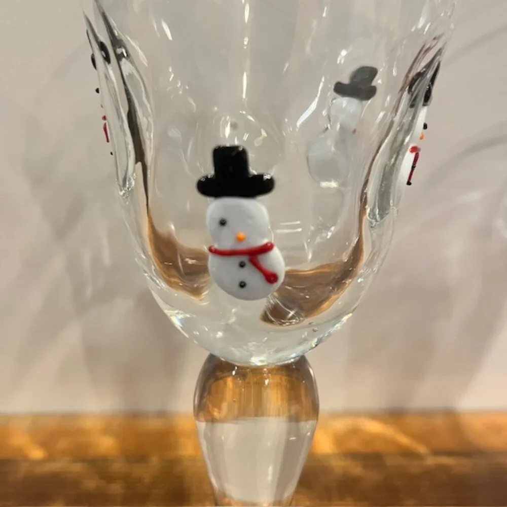 Set of (2) Crate & Barrel 8oz Blown Glass Fused Snowmen Santa Wine Goblet Glass